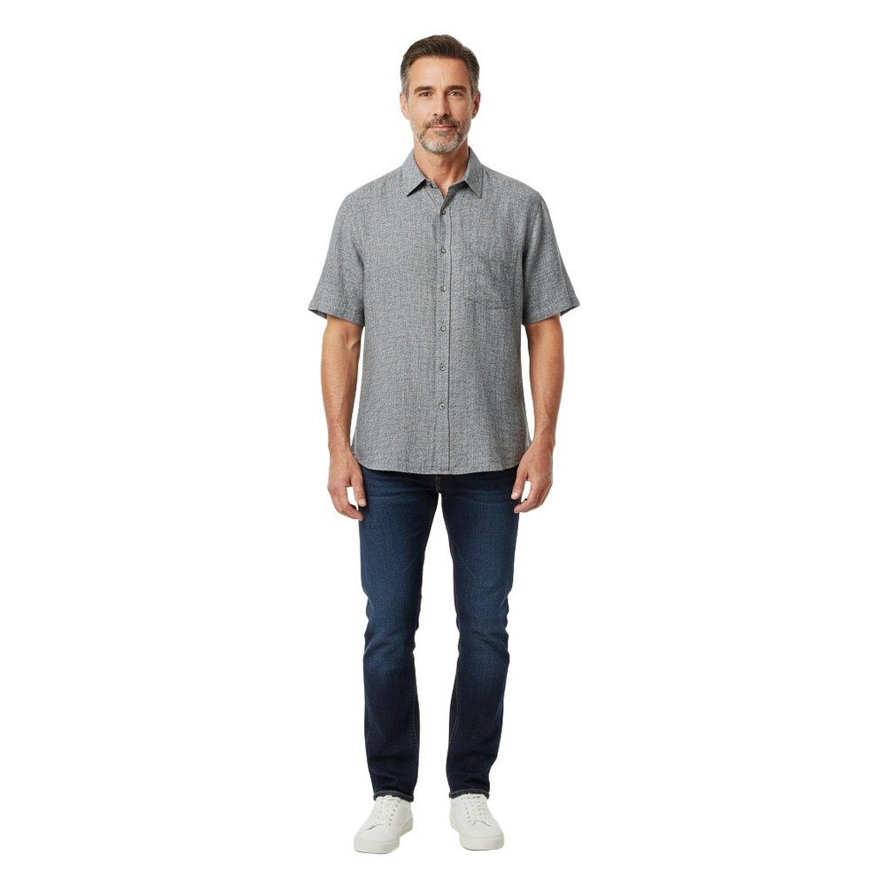 Fabindia Shirt Mens Medium‎ Blue Gray Short Sleeve Linen Coastal Classic